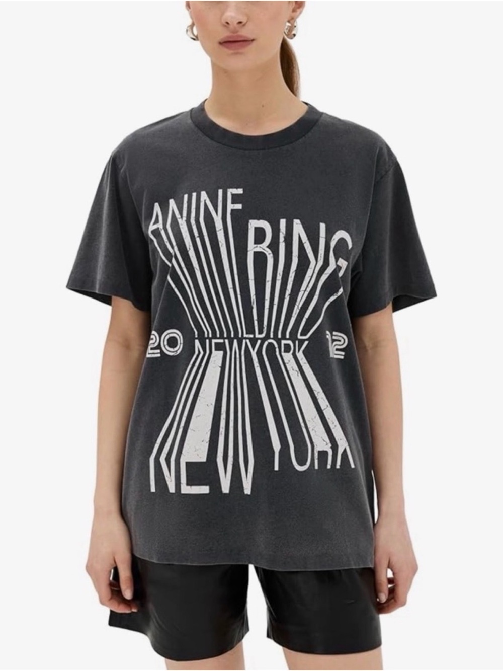 Anine Bing Black Graphic New York Tee with White Print